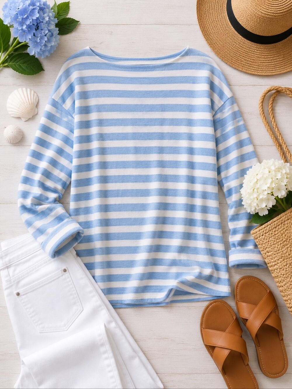 J.Crew Breton Stripe Boatneck Top M Blue Ivory 100% Cotton Coastal - Picture 2 of 7